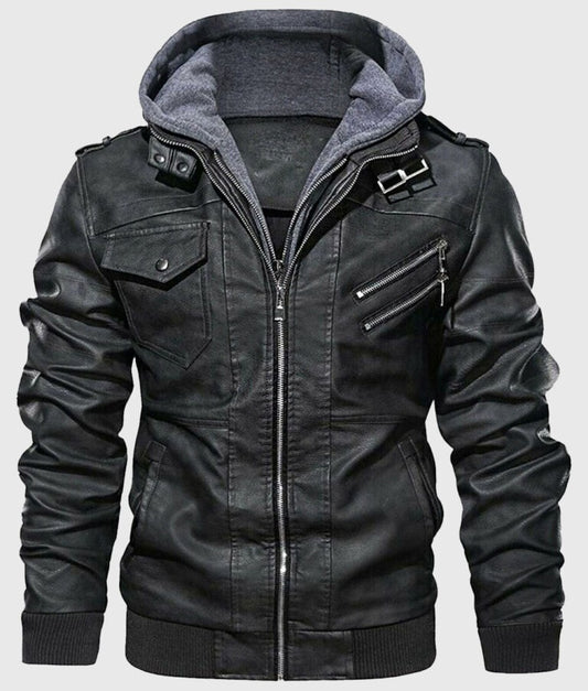 Quint Men’s Black Hooded Bomber Leather Jacket – Urban Street-Ready Style