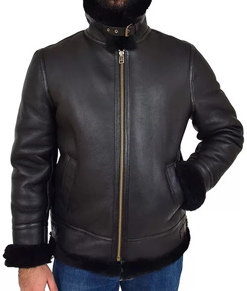 R.A.F Paddy Mystic Black B3 Shearling Leather Bomber Jacket