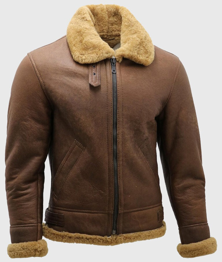Randy Men’s Brown B-3 Aviator Bomber Leather Jacket with Faux Fur