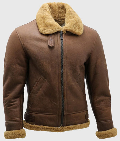 Randy Men’s Brown B-3 Aviator Bomber Leather Jacket with Faux Fur