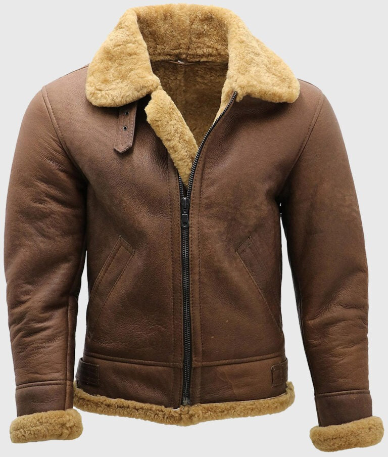 Randy Men’s Brown B-3 Aviator Bomber Leather Jacket with Faux Fur