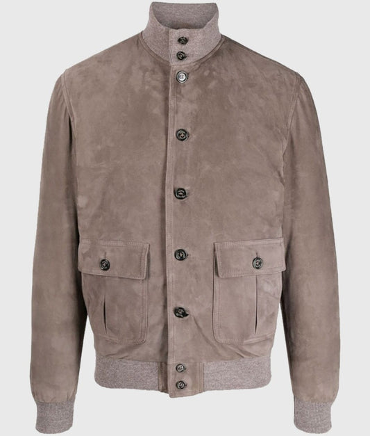 Ray Men’s Light Grey A-1 Suede Bomber Jacket