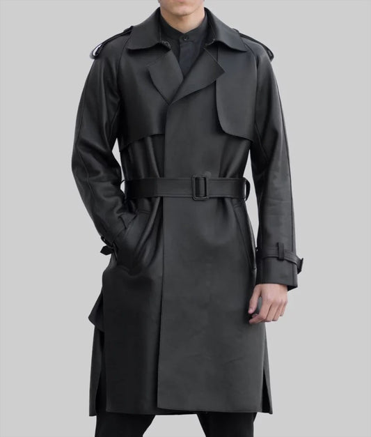 Raymond Men’s Black Long Leather Trench Coat