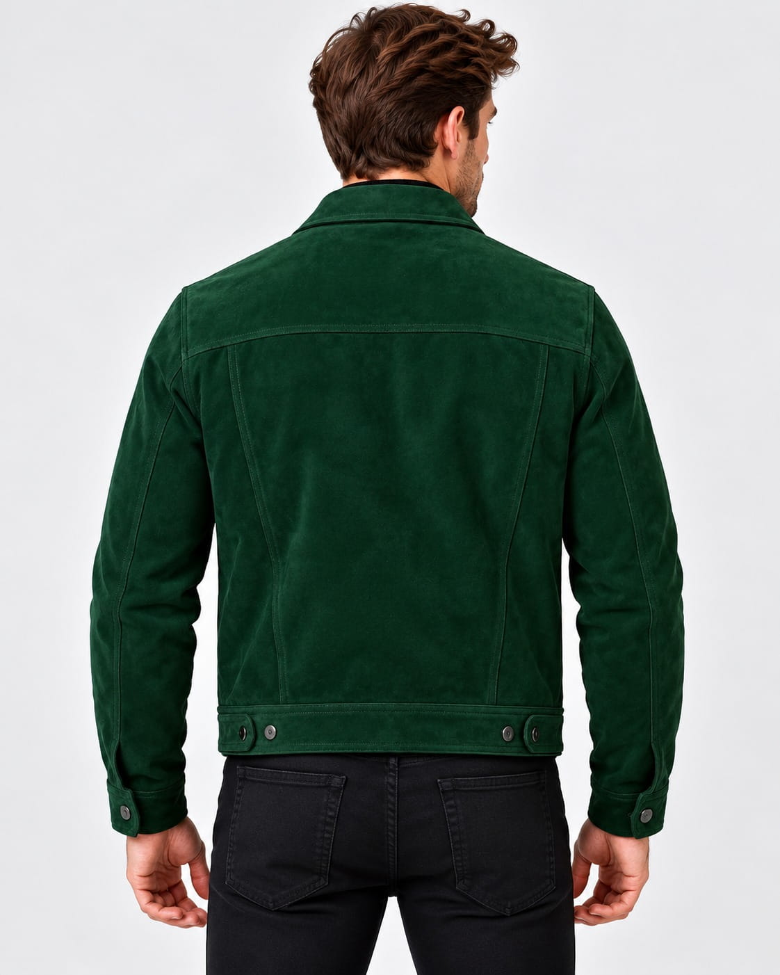 Back view of Real Green Suede Leather Trucker Jacket for Men