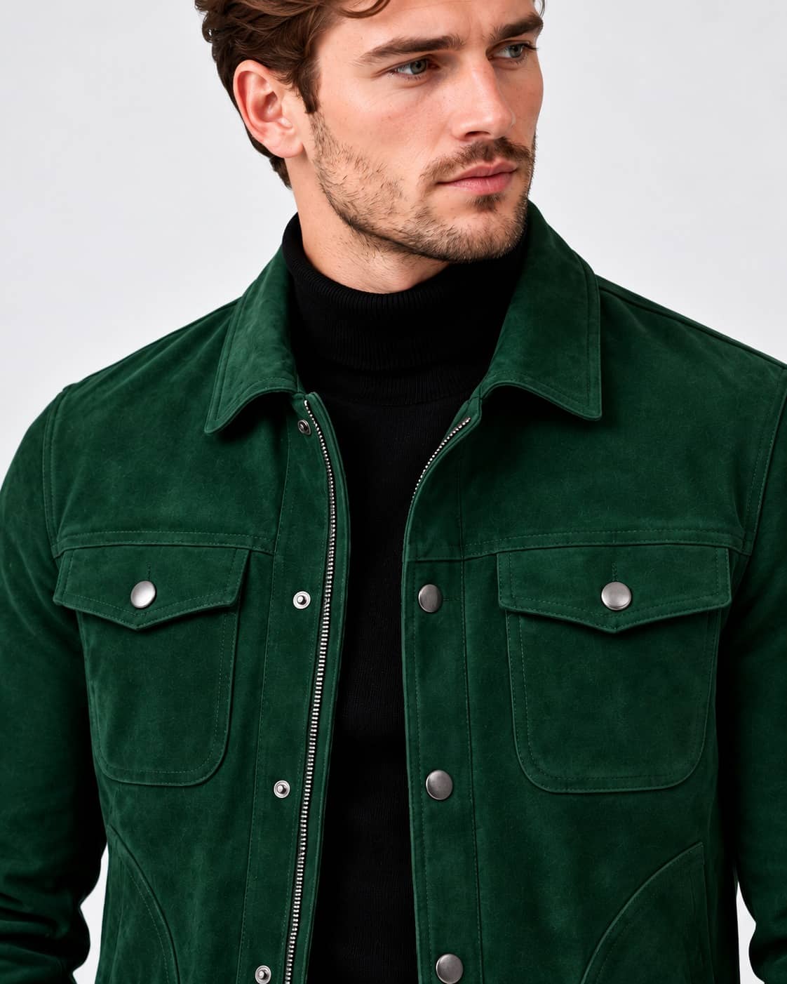 Close-up view of Real Green Suede Leather Trucker Jacket for Men