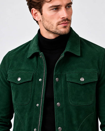 Close-up view of Real Green Suede Leather Trucker Jacket for Men