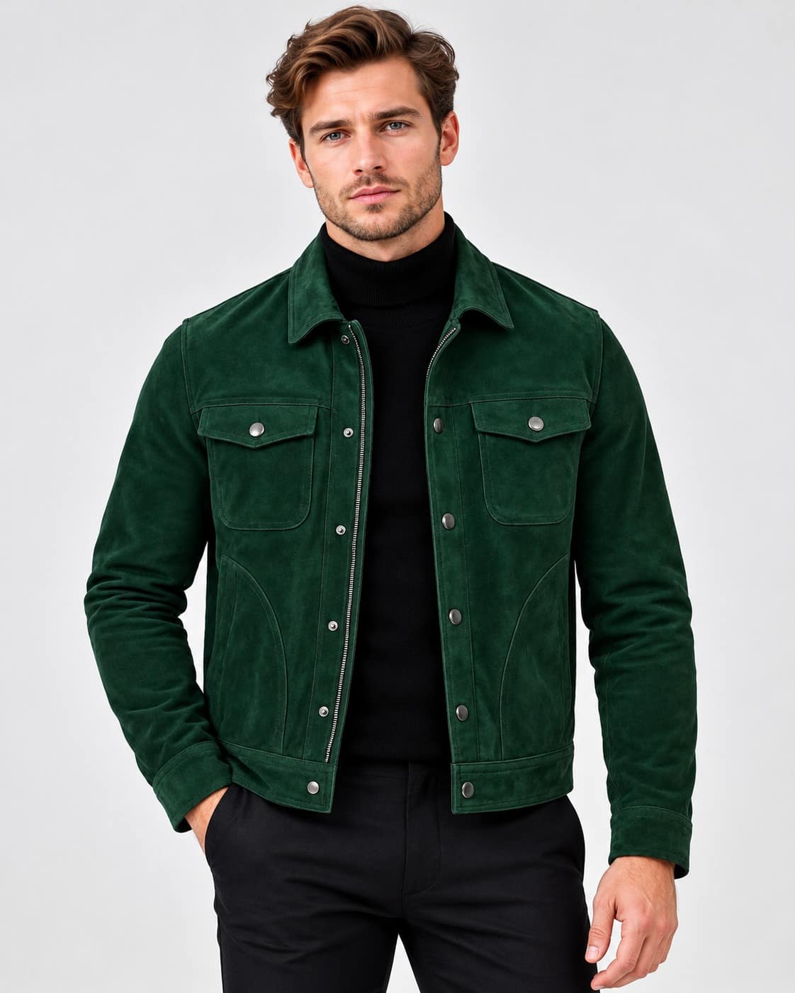 Front view of Real Green Suede Leather Trucker Jacket for Men