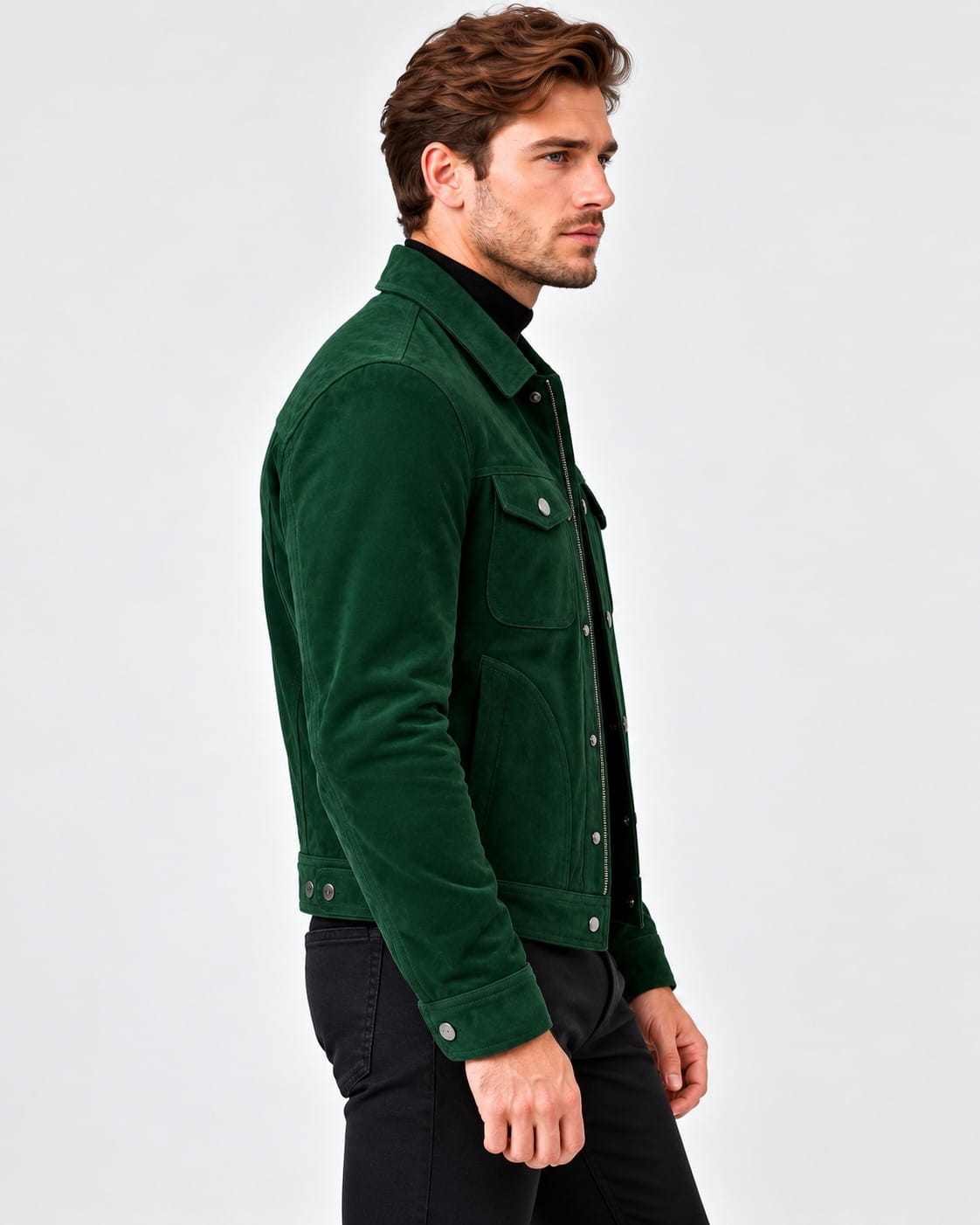 Side view of Real Green Suede Leather Trucker Jacket for Men