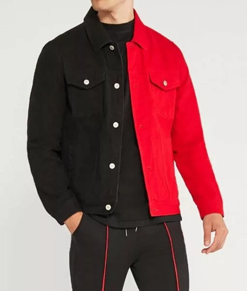 Men’s Red and Black Split Color Leather Trucker Jacket