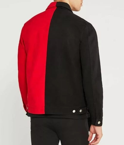 Men’s Red and Black Split Color Leather Trucker Jacket