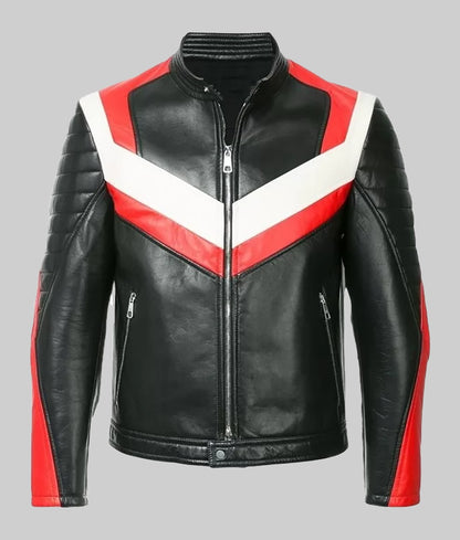 Men’s Red and White Paneled Leather Biker Jacket