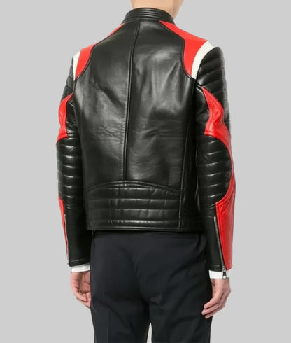 Men’s Red and White Paneled Leather Biker Jacket