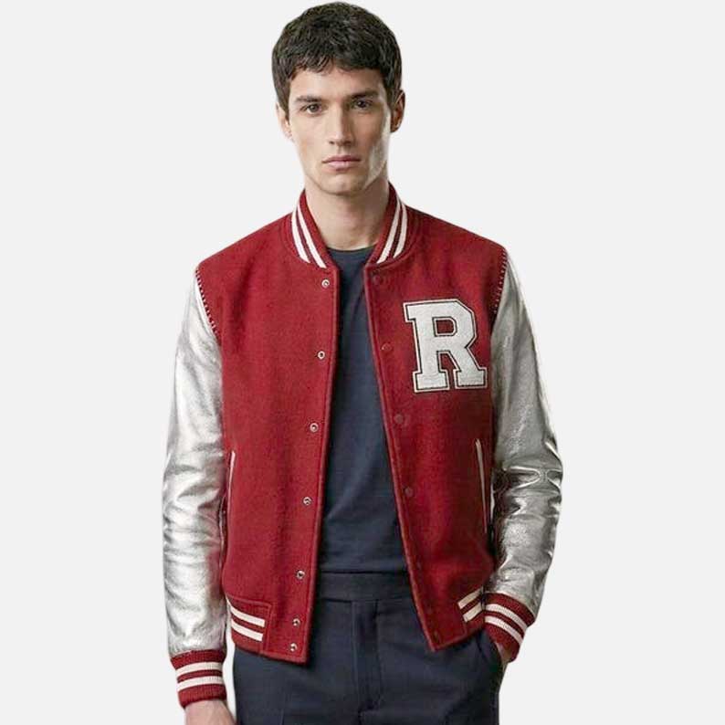 New red wool varsity bomber jacket with silver leather sleeve by Glory Store US