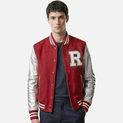 New red wool varsity bomber jacket with silver leather sleeve by Glory Store US