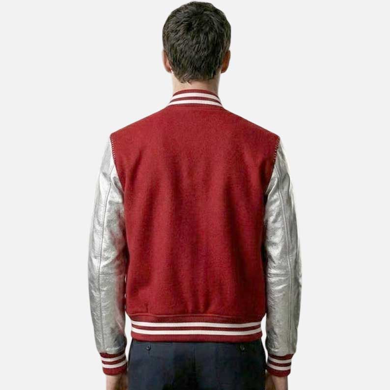 Best red varsity bomber jacket for men featuring metallic silver leather sleeve