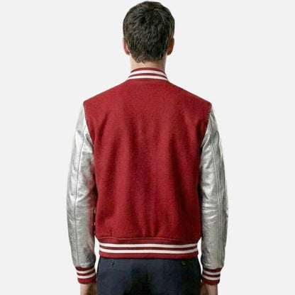 Best red varsity bomber jacket for men featuring metallic silver leather sleeve
