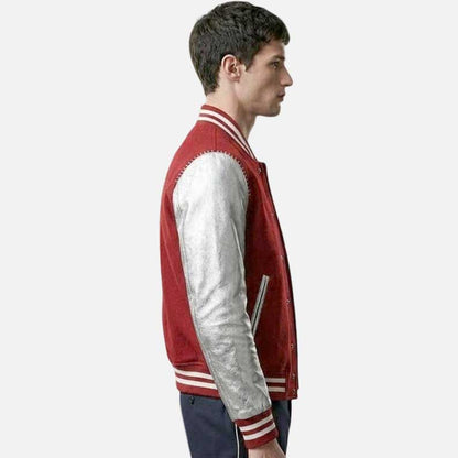 Stylish red varsity bomber jacket men streetwear design with silver metallic sleeve