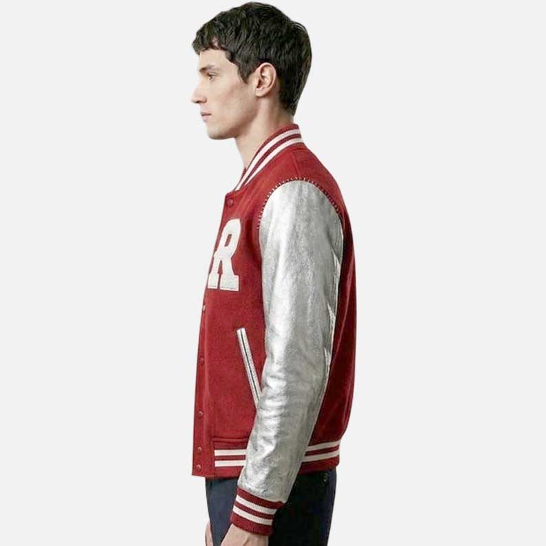 Premium red wool varsity bomber jacket with genuine leather metallic sleeve