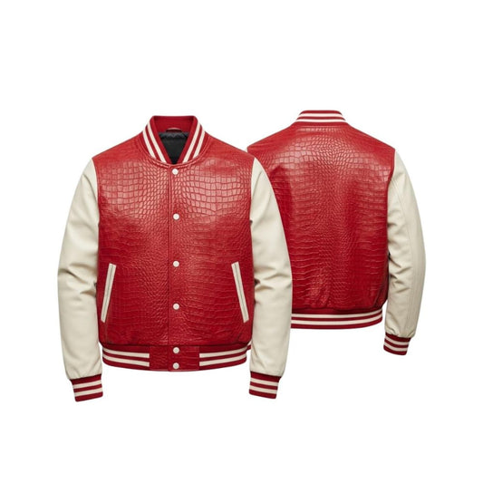 Red Crocodile Embossed Leather Varsity Jacket – Gothic Handmade Fashion Style