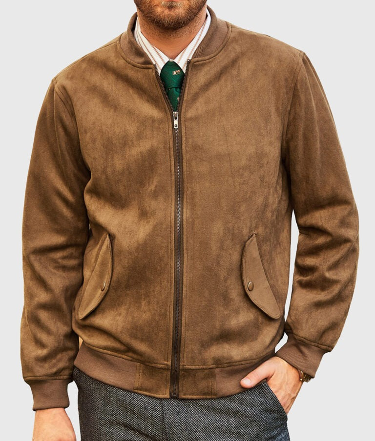 Reginald Men’s Brown Suede Leather Bomber Jacket – Classic Casual Outerwear