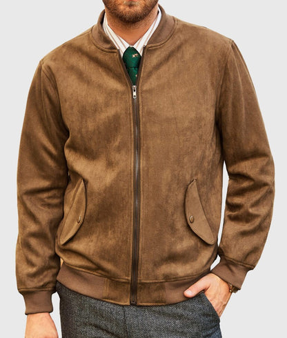 Reginald Men’s Brown Suede Leather Bomber Jacket – Classic Casual Outerwear