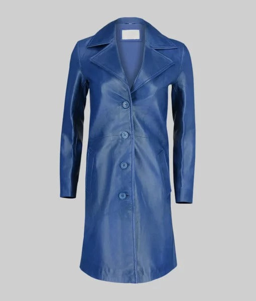 Women’s Minimalist Long Blue Genuine Leather Trench Coat