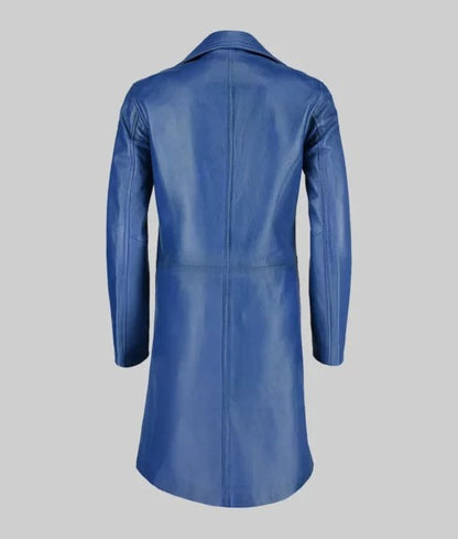 Women’s Minimalist Long Blue Genuine Leather Trench Coat
