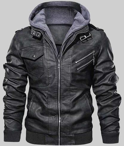 Ronald Men’s Black Leather Jacket with Hood