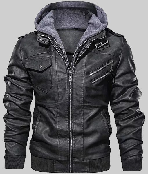Ronald Men’s Black Leather Jacket with Hood