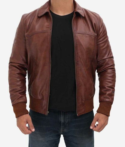 Ronald Men’s Distressed Brown Leather Bomber Jacket – Rugged Vintage Style