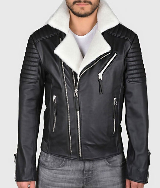 Trendy Men’s Black Shearling Biker Leather Jacket