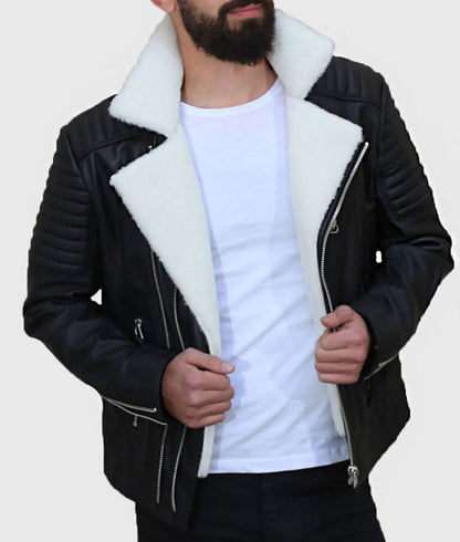 Trendy Men’s Black Shearling Biker Leather Jacket