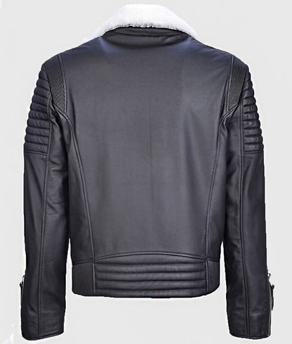 Trendy Men’s Black Shearling Biker Leather Jacket