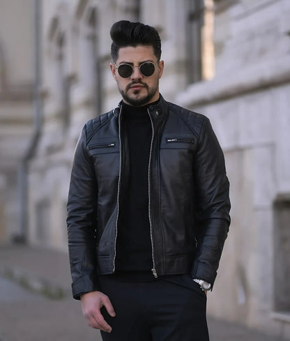 Sam Men’s Black Quilted Cafe Racer Biker Leather Jacket
