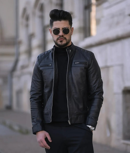 Sam Men’s Black Quilted Cafe Racer Biker Leather Jacket