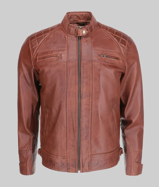 Men’s Tan Quilted Leather Cafe Racer Moto Jacket