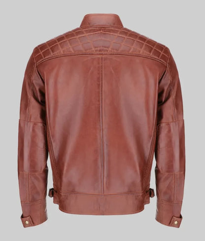 Men’s Tan Quilted Leather Cafe Racer Moto Jacket
