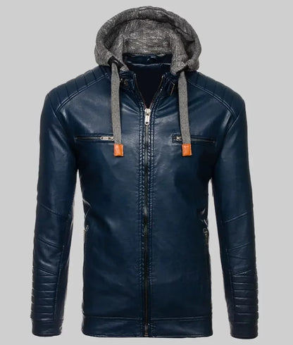 Men’s Hooded Navy Blue Café Racer Leather Motorcycle Jacket