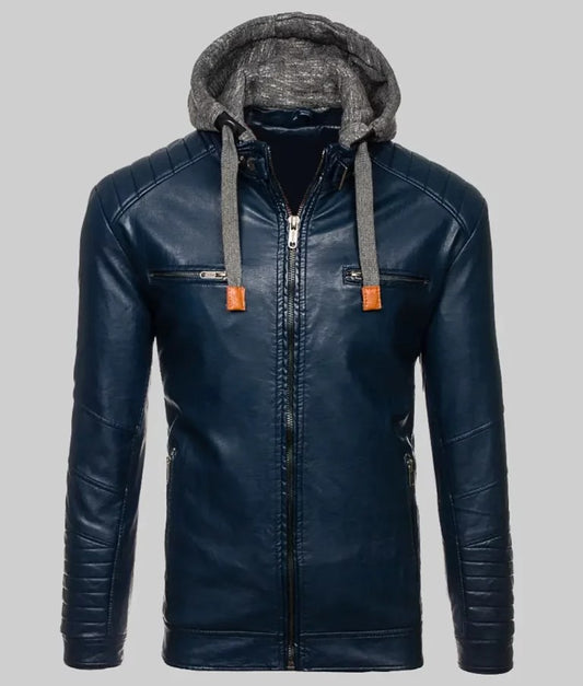 Men’s Hooded Navy Blue Café Racer Leather Motorcycle Jacket