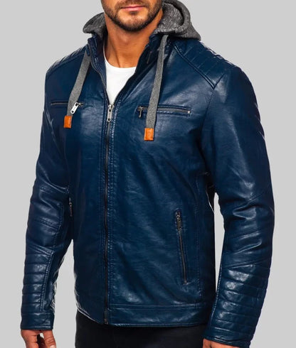 Men’s Hooded Navy Blue Café Racer Leather Motorcycle Jacket