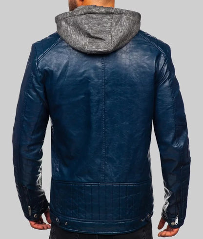 Men’s Hooded Navy Blue Café Racer Leather Motorcycle Jacket