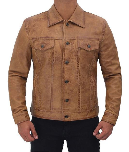 Scott Men’s Camel Brown Distressed Vintage Leather Trucker Jacket