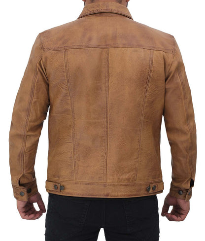 Scott Men’s Camel Brown Distressed Vintage Leather Trucker Jacket