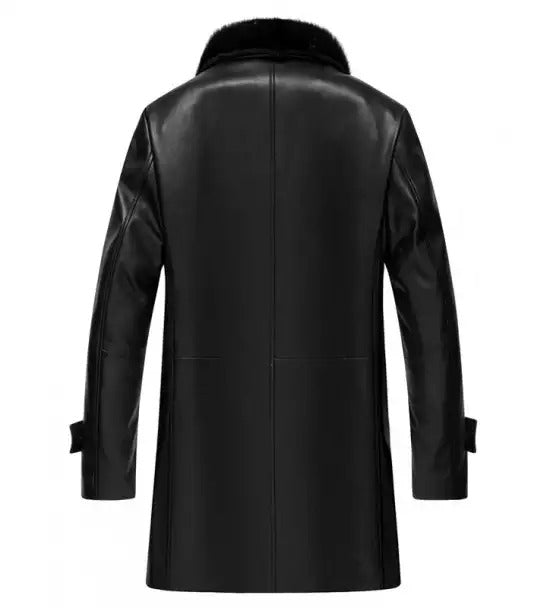 Men's Premium Black Leather 3/4 Length Coat with Shearling Collar - Classic Elegance