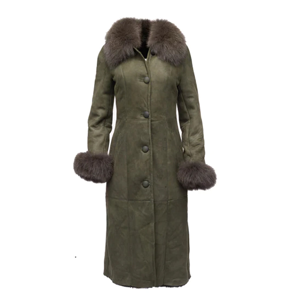 Shearling Sheepskin Full Length Long Coat With Fox Fur Trim