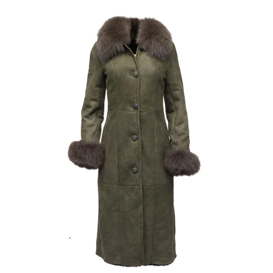 Shearling Sheepskin Full Length Long Coat With Fox Fur Trim