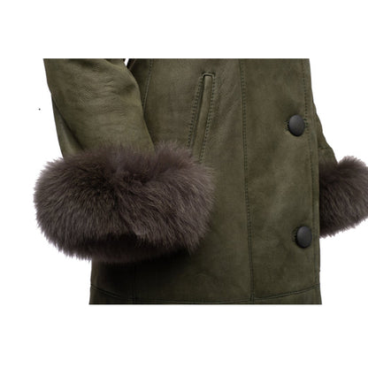 Shearling Sheepskin Full Length Long Coat With Fox Fur Trim