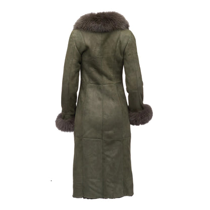 Shearling Sheepskin Full Length Long Coat With Fox Fur Trim