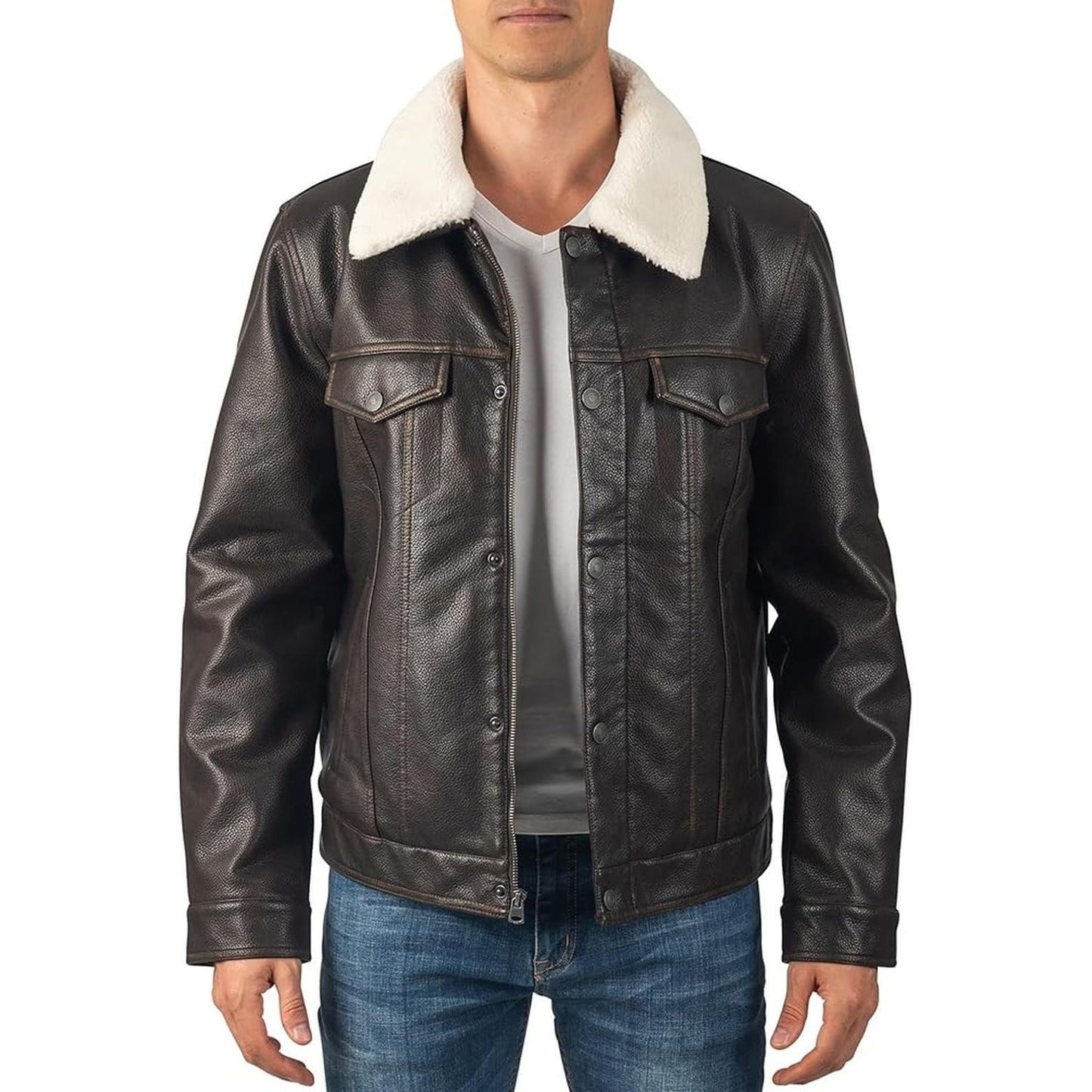 Stylish Vegan Leather Trucker Jacket – Warm Sherpa Collar Men’s Outerwear
