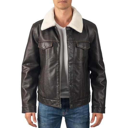 Stylish Vegan Leather Trucker Jacket – Warm Sherpa Collar Men’s Outerwear